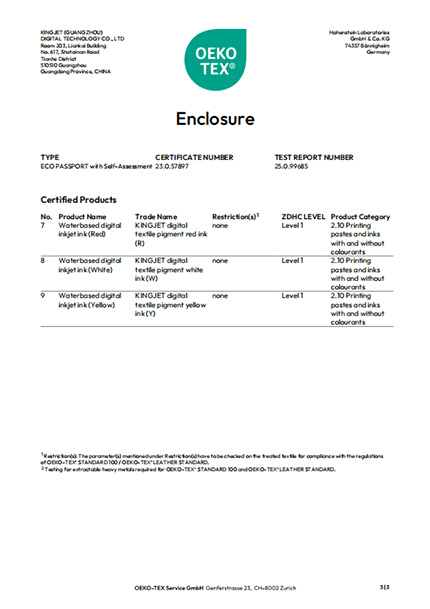 KingJet printer OEKO-TEX certificate